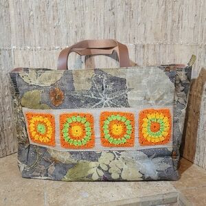 Unbranded Handmade Granny Square Zippered Botanical Tote